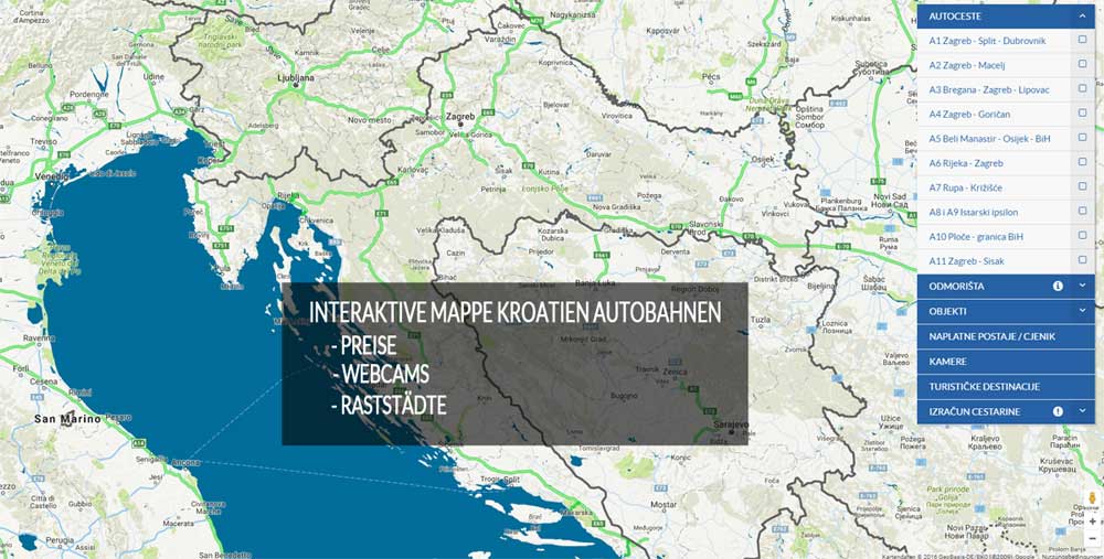 Interaktive Mappe Kroatien Autobahnen mit Presen und Preisrechner